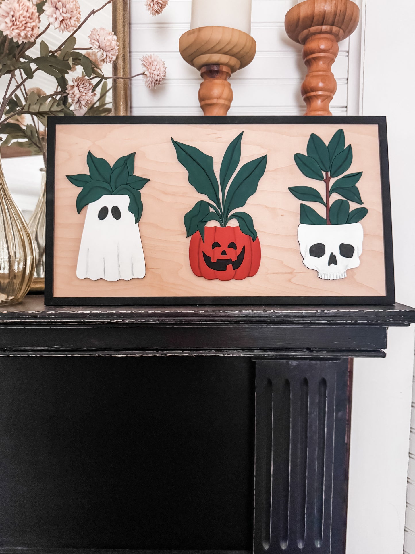 Hand Carved Halloween Plant Sign | Boho Halloween Decor | Shelf Fall Decor | Laser Engraved | Handmade | Plant Lover