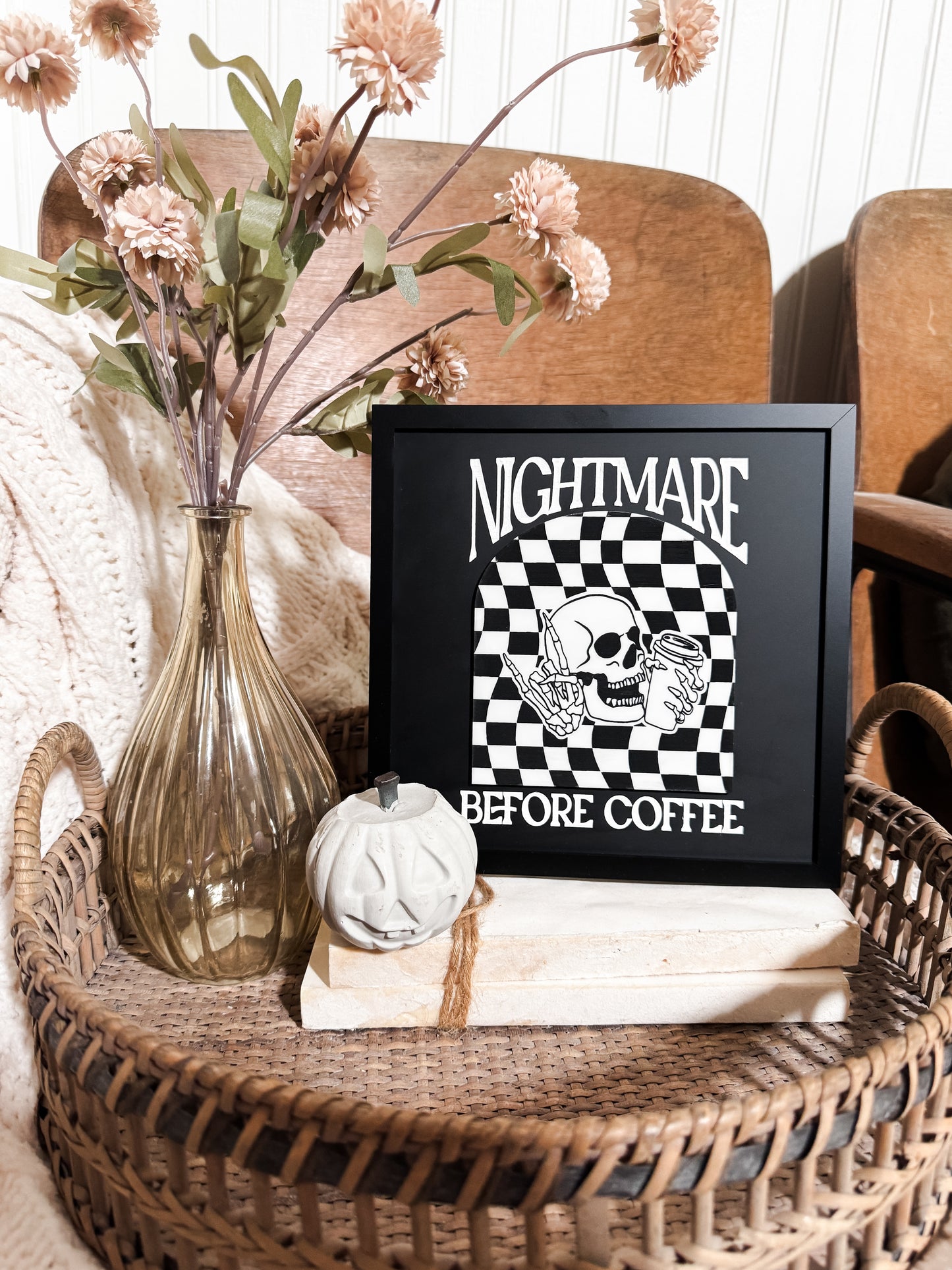 Nightmare Before Coffee Sign | Boho Halloween Decor | Skeleton Peace Sign | Shelf Halloween Decor | Laser Engraved