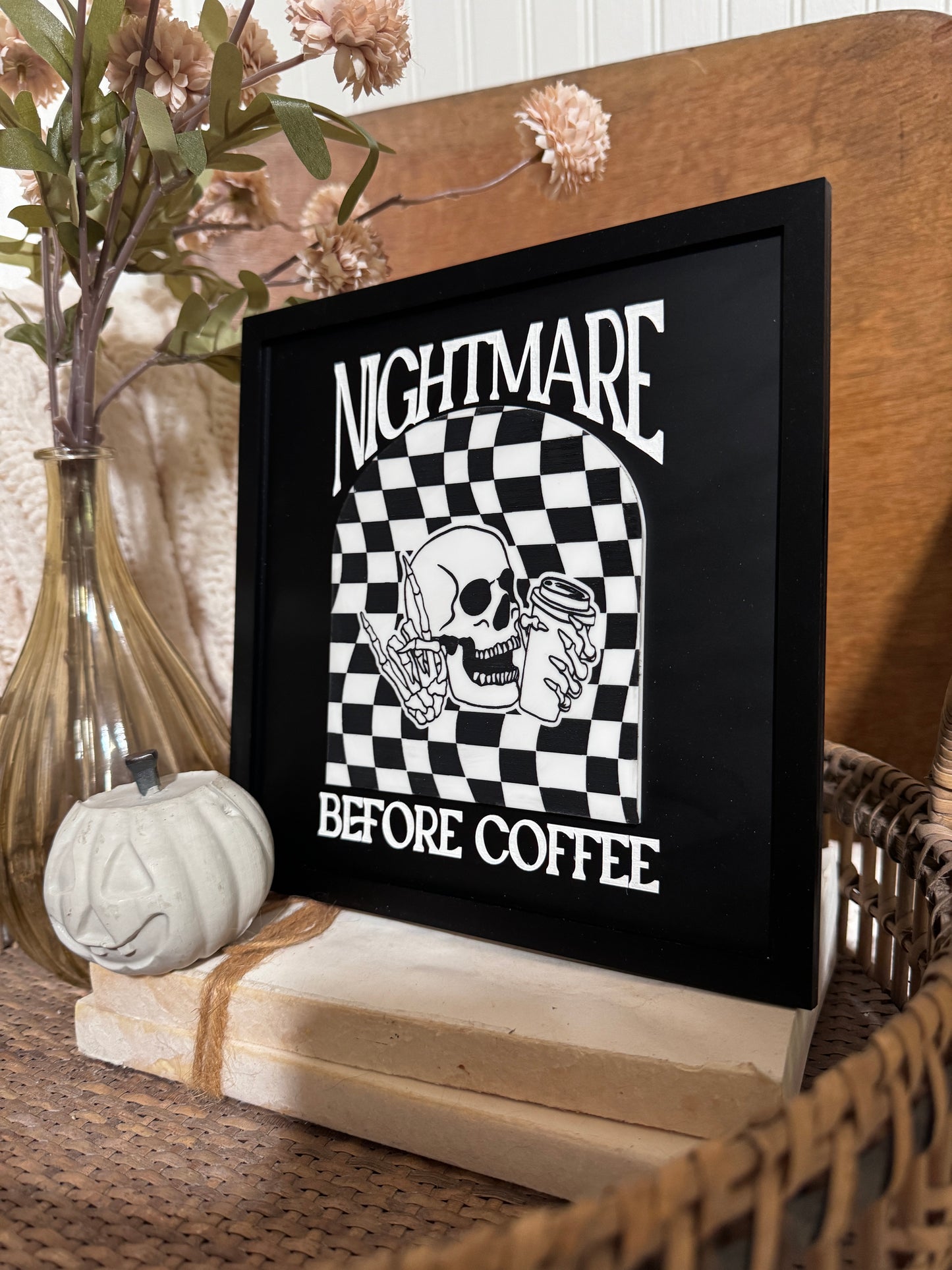 Nightmare Before Coffee Sign | Boho Halloween Decor | Skeleton Peace Sign | Shelf Halloween Decor | Laser Engraved