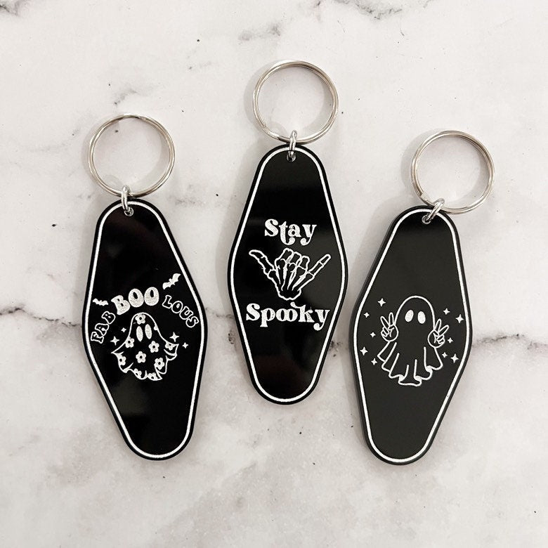 Retro Inspired Halloween Motel Keychains | Laser Engraved | Unique Gift | Handmade Keychain | Car Keys | Gift for Her | Gift for Him