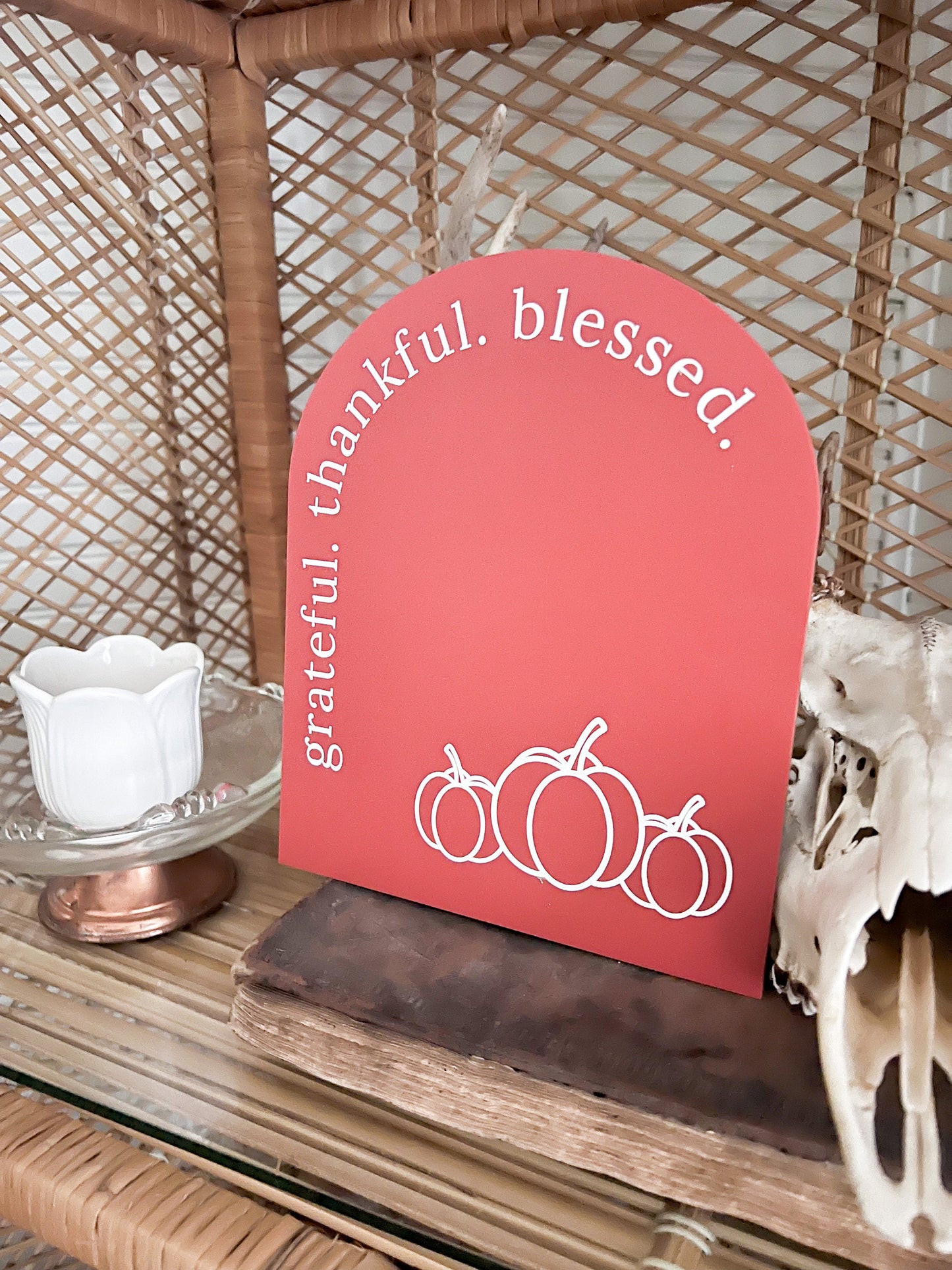 Grateful Thankful Blessed Arch Sign | Boho Fall Decor | Hello Pumpkin Sign | Shelf Fall Decor | Laser Engraved