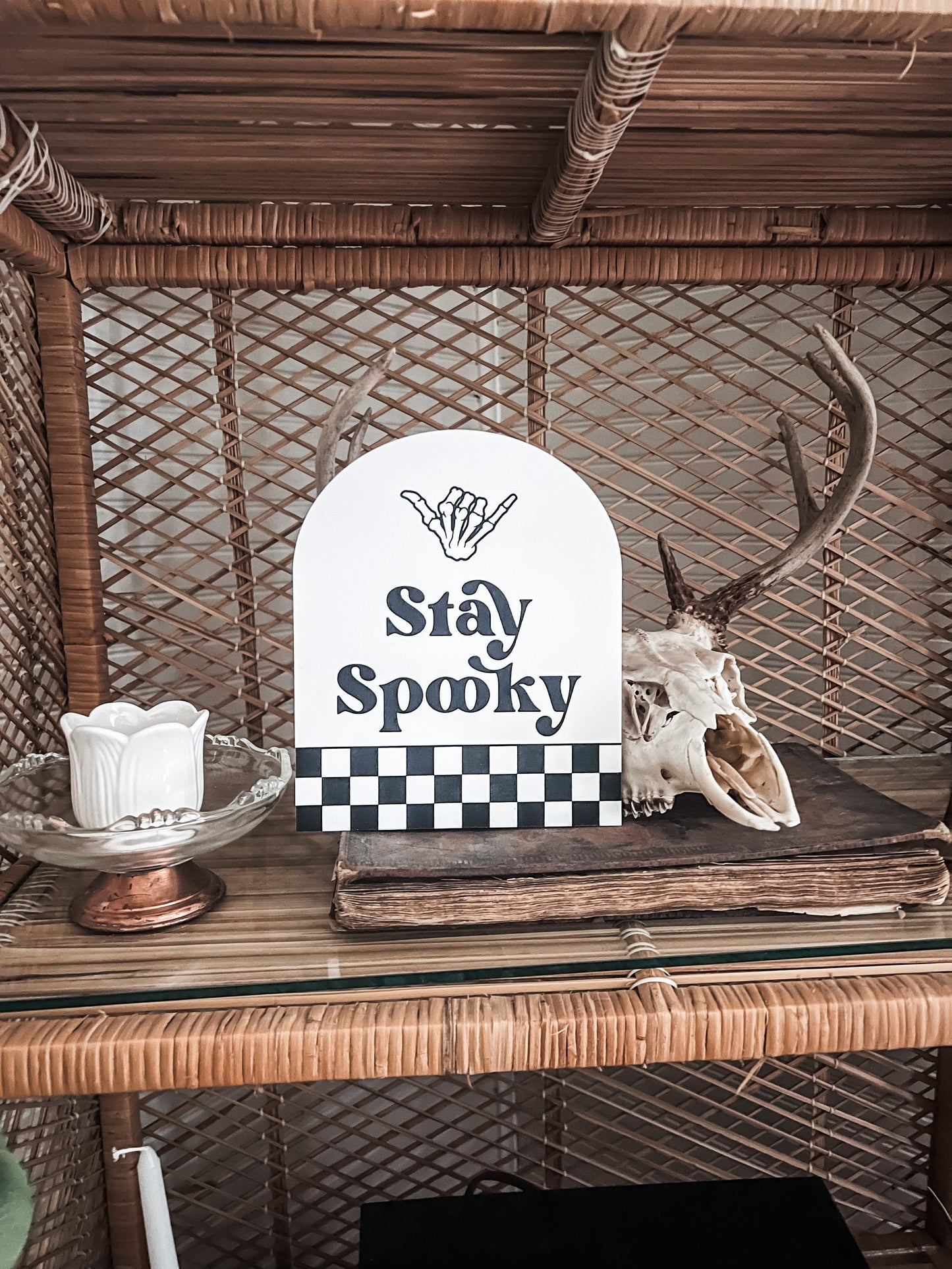 Stay Spooky Checkered Arch Sign | Boho Halloween Decor | Shelf Halloween Decor | Laser Engraved