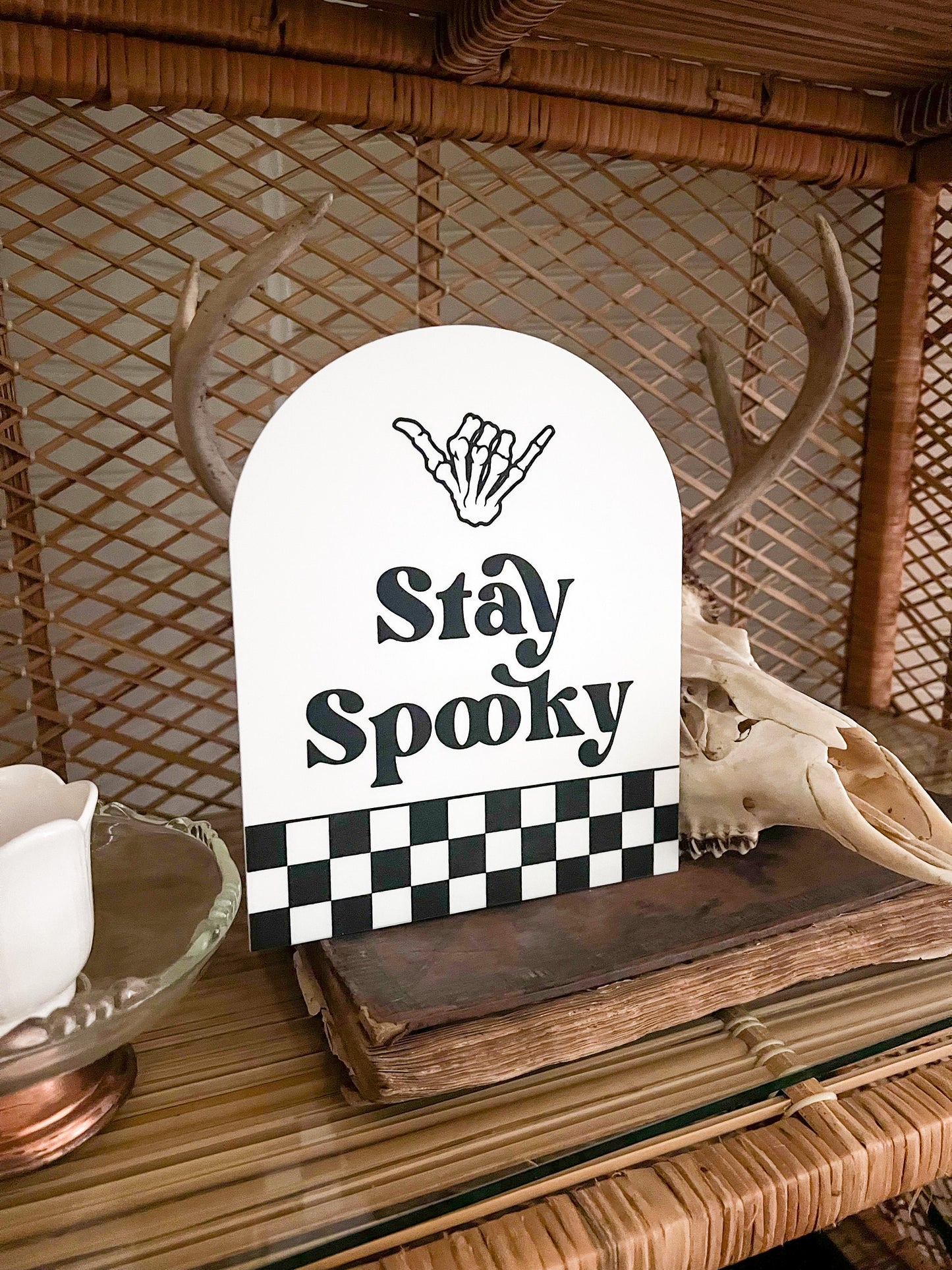 Stay Spooky Checkered Arch Sign | Boho Halloween Decor | Shelf Halloween Decor | Laser Engraved