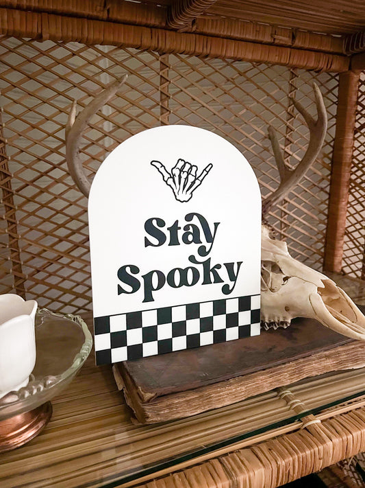 Stay Spooky Checkered Arch Sign | Boho Halloween Decor | Shelf Halloween Decor | Laser Engraved