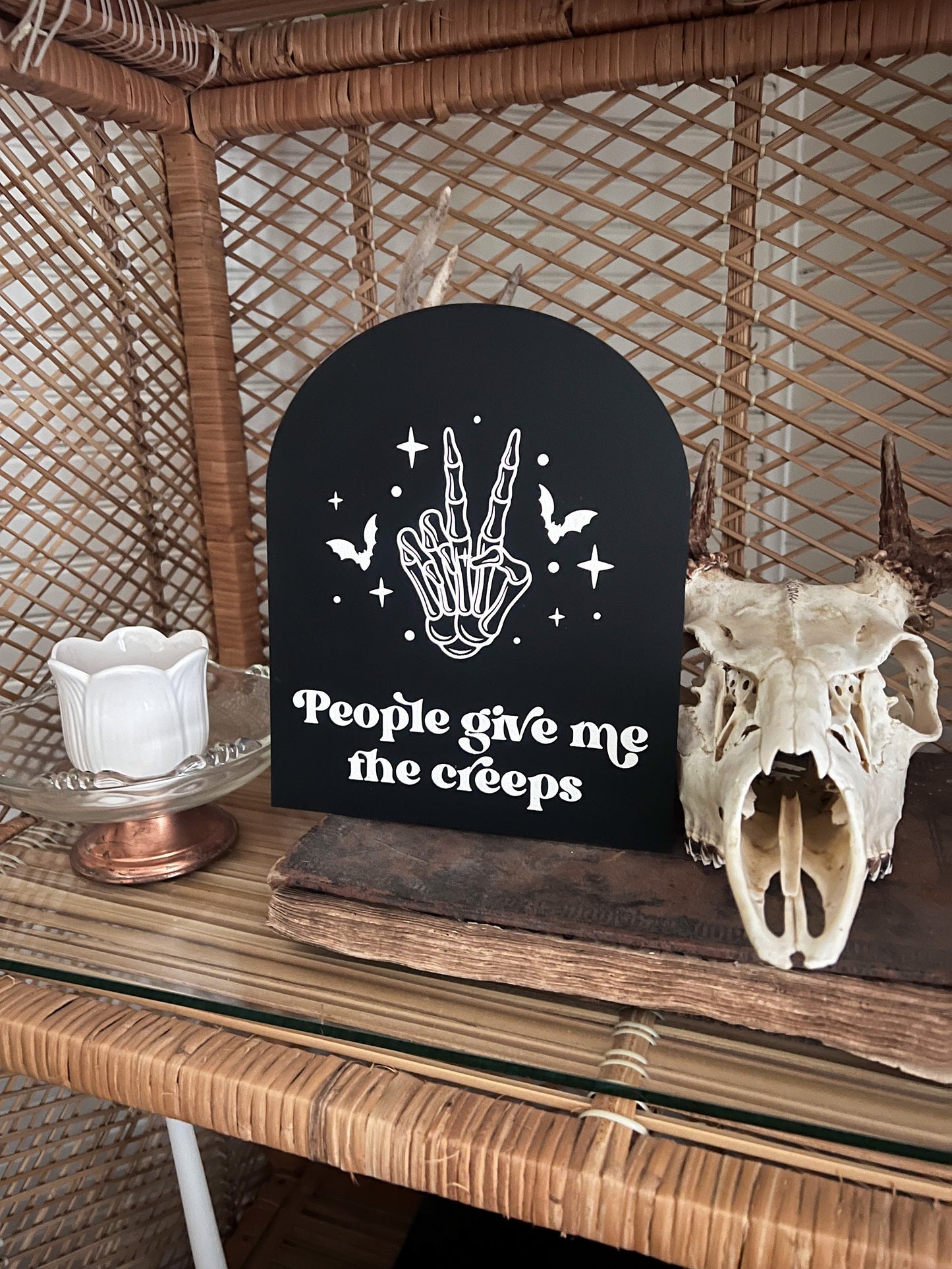 People Give Me the Creeps Arch Sign | Boho Halloween Decor | Skeleton Peace Sign | Shelf Halloween Decor | Laser Engraved