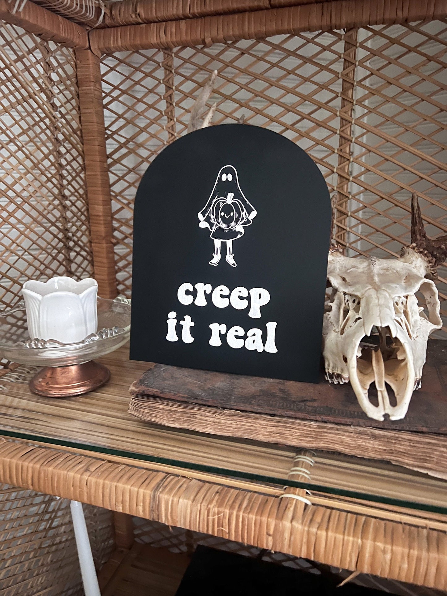 Creep it Real Arch Sign | Boho Halloween Decor | Skeleton Peace Sign | Shelf Halloween Decor | Laser Engraved