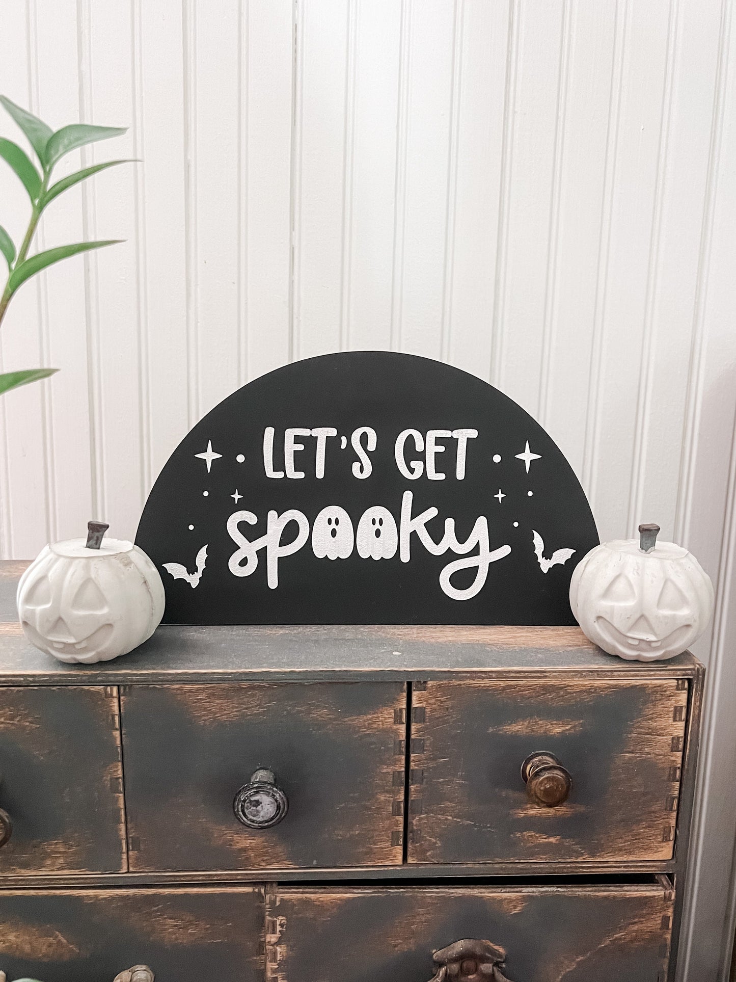 Let’s Get Spooky Arch Sign | Boho Halloween Decor | Skeleton Hang Loose Sign | Shelf Halloween Decor | Laser Engraved