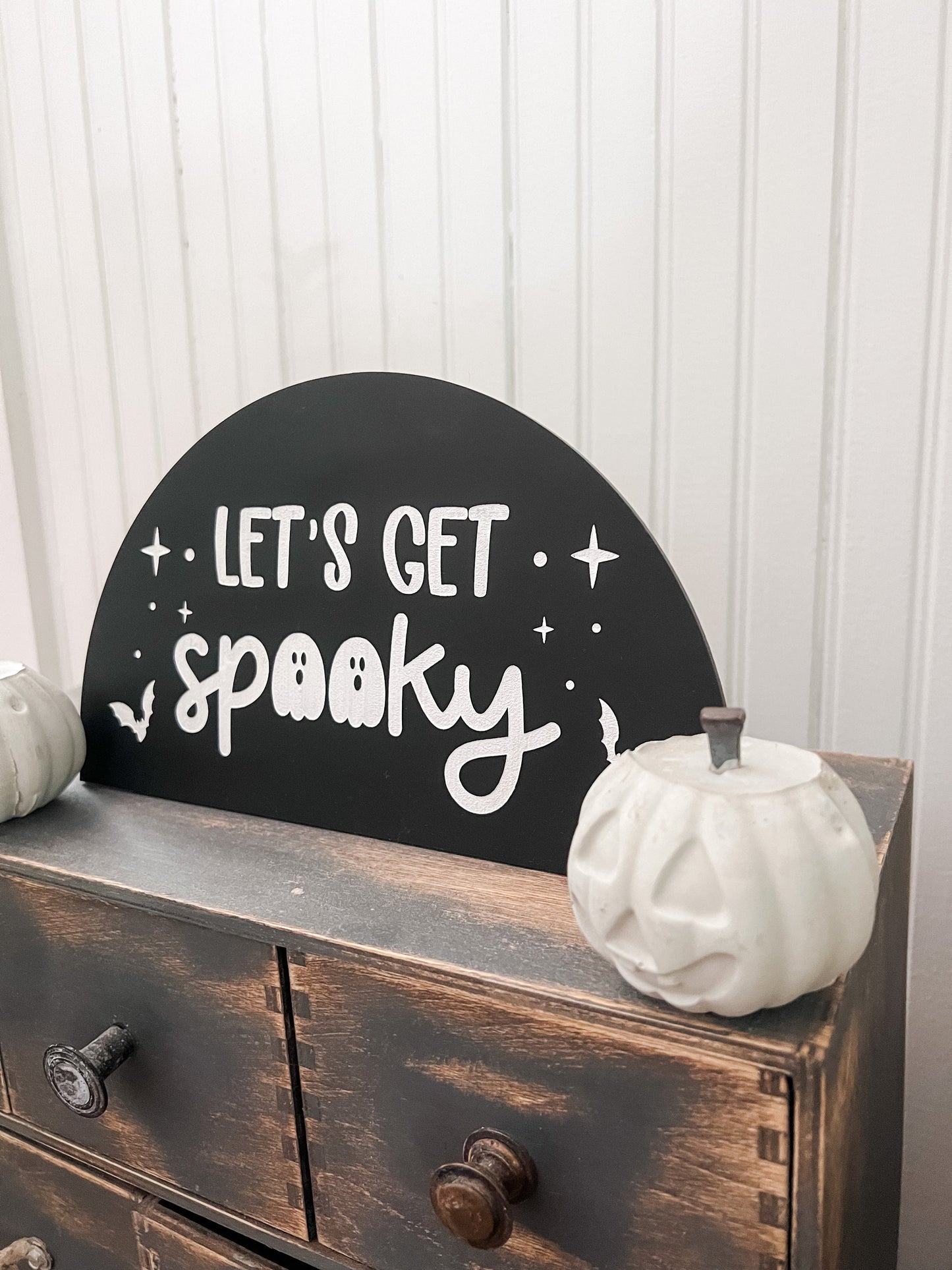 Let’s Get Spooky Arch Sign | Boho Halloween Decor | Skeleton Hang Loose Sign | Shelf Halloween Decor | Laser Engraved