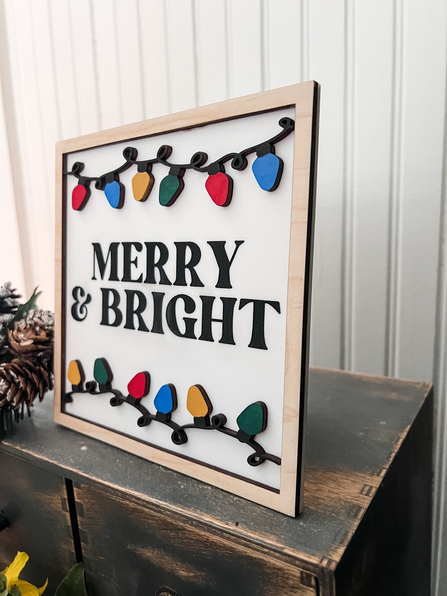 Merry & Bright Christmas Lights Framed Sign | Framed Christmas Sign | 3D Sign | Laser Engraved | Boho Christmas Sign | Arch Sign
