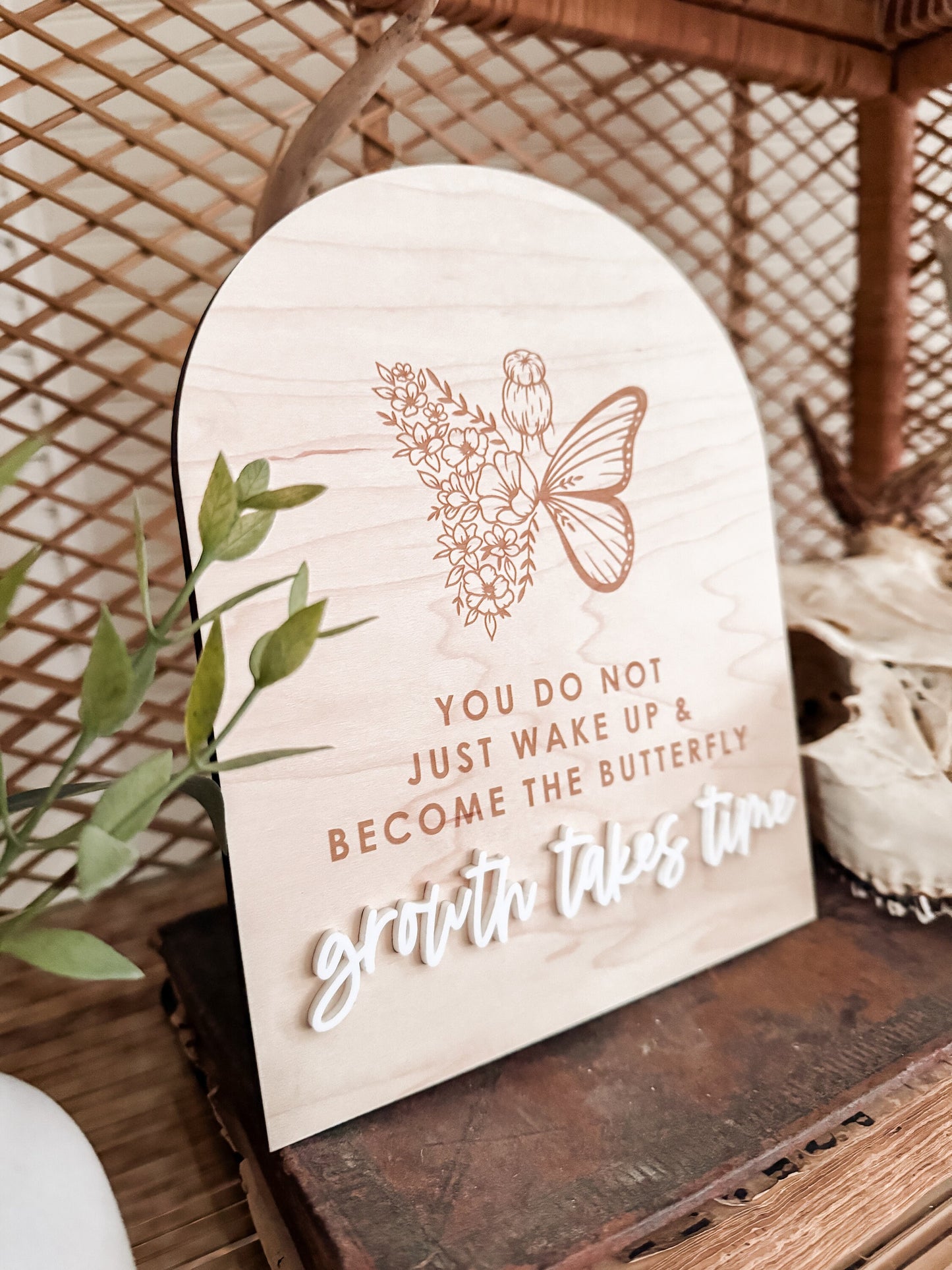 Growth Takes Time Butterfly Boho Sign | Positive Wall Art | Boho | Handmade | Boho Shelf Sign | Arched Signs