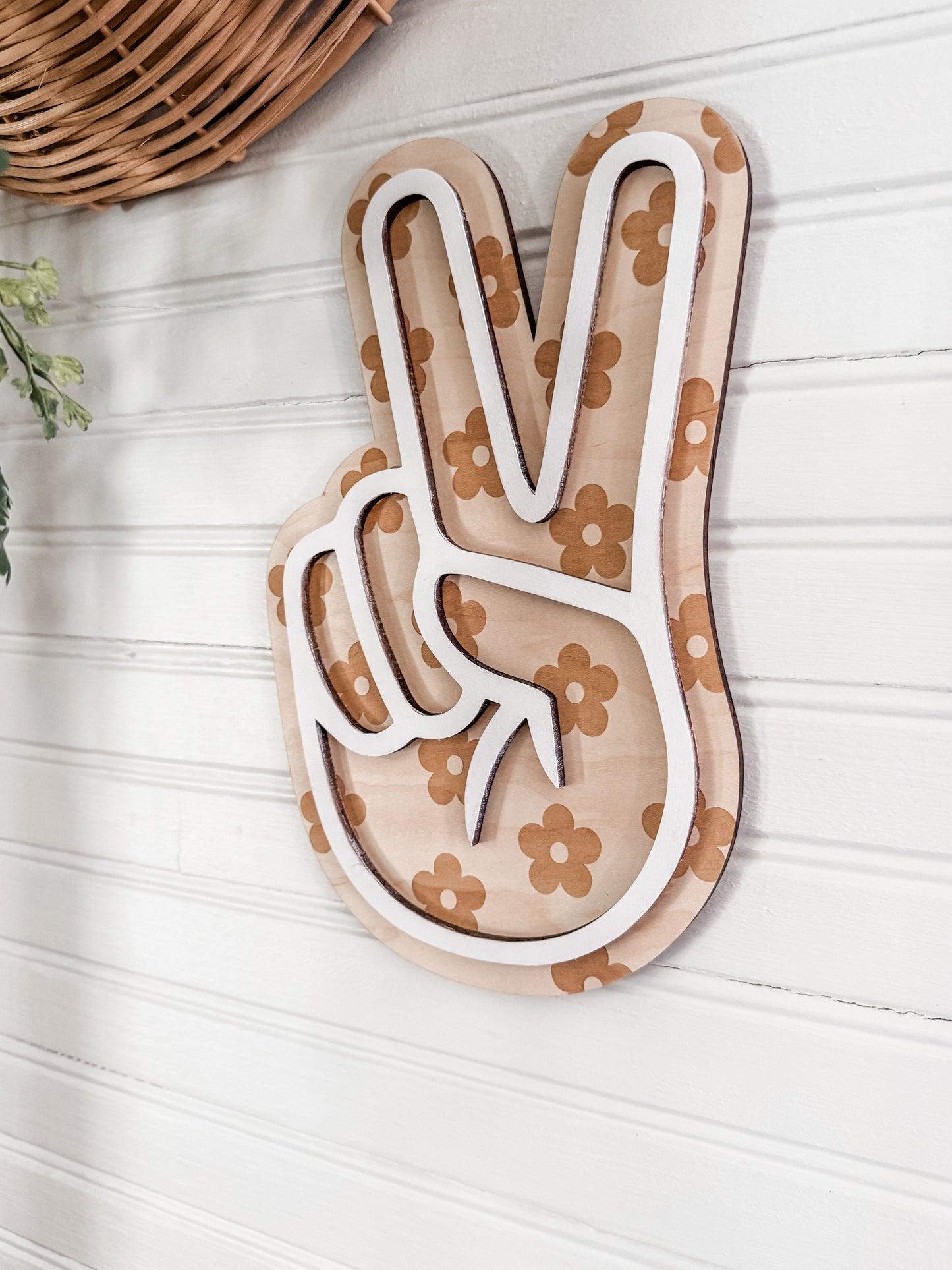 Daisy Hand Peace Sign | Engraved Wood Sign | Nursery Decor | Handmade | Retro Wood Cut Out | Laser Engraved