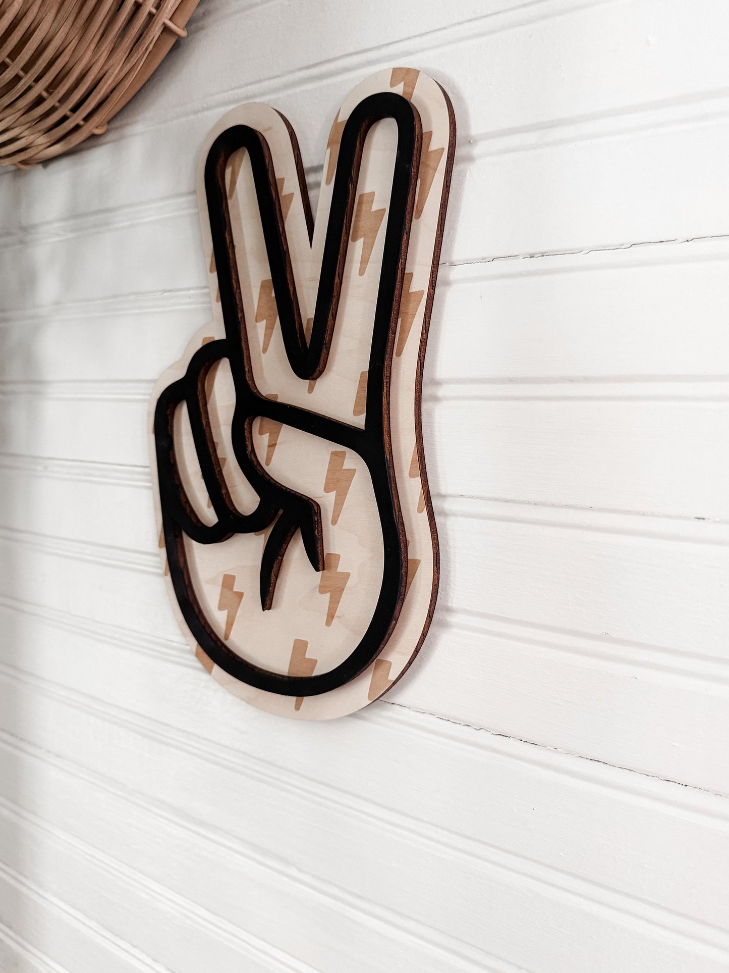 Lightening Bolt Hand Peace Sign | Engraved Wood Sign | Nursery Decor | Handmade | Retro Wood Cut Out | Laser Engraved