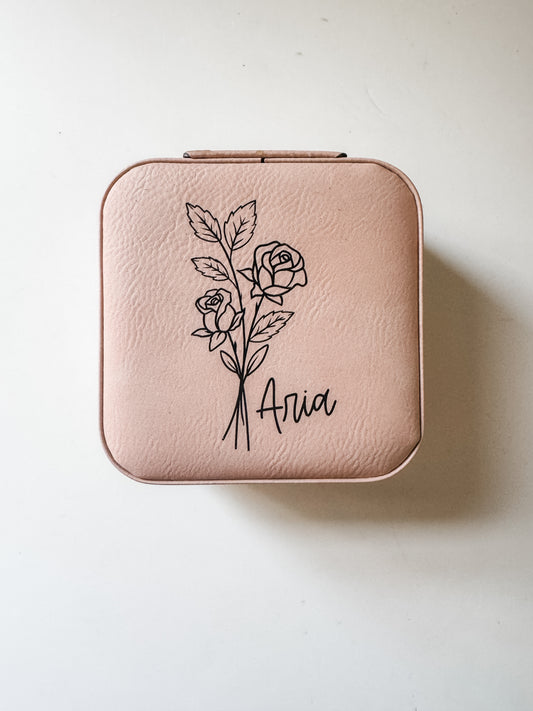 Travel Jewelry Box with personalized name and birth flower