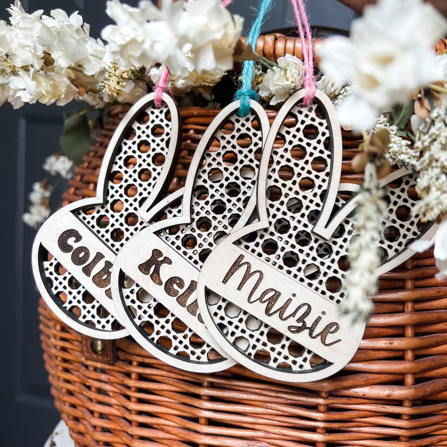 Personalized Easter Basket Tags| Boho Cane Backer Easter Tags | Personalized Tags | Laser Engraved | Custom Wood Tags | Wooden Name Tag