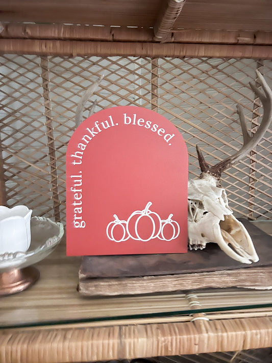 Grateful Thankful Blessed Arch Sign | Boho Fall Decor | Hello Pumpkin Sign | Shelf Fall Decor | Laser Engraved