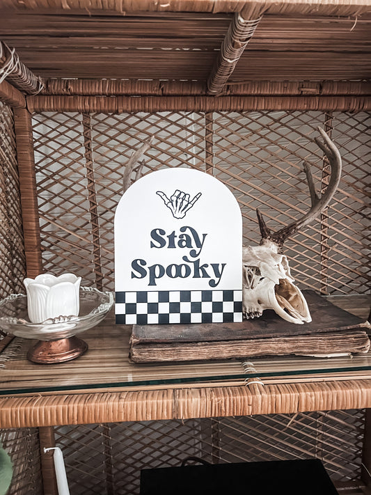 Stay Spooky Checkered Arch Sign | Boho Halloween Decor | Shelf Halloween Decor | Laser Engraved