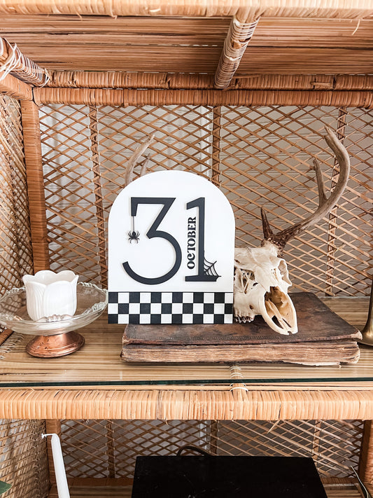 October 31st  Checkered Arch Sign | Boho Halloween Decor | Shelf Halloween Decor | Laser Engraved