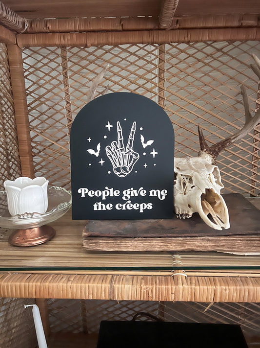 People Give Me the Creeps Arch Sign | Boho Halloween Decor | Skeleton Peace Sign | Shelf Halloween Decor | Laser Engraved