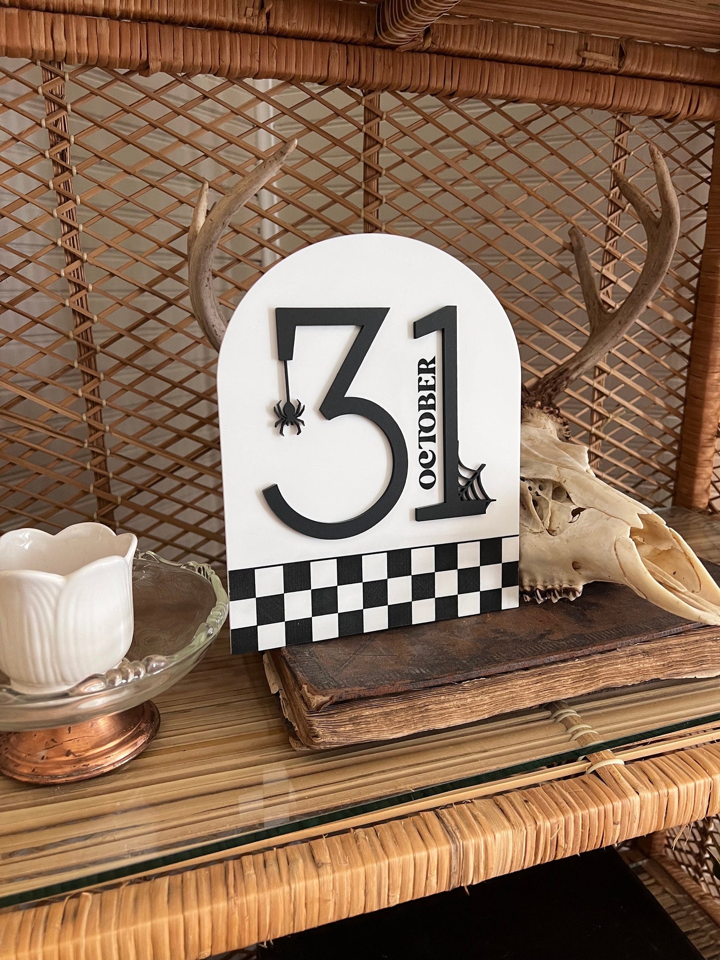 October 31st  Checkered Arch Sign | Boho Halloween Decor | Shelf Halloween Decor | Laser Engraved
