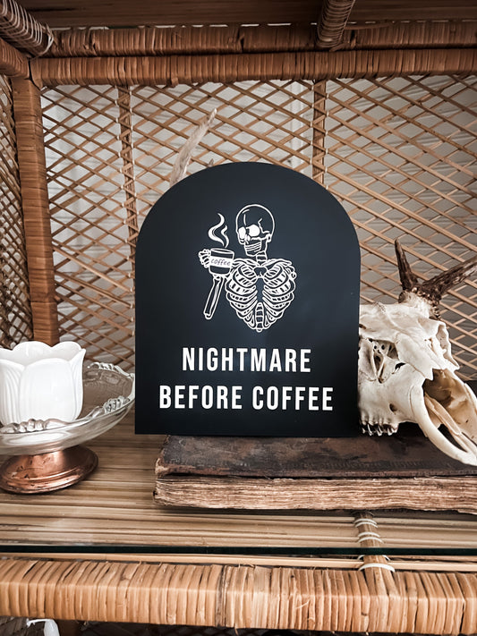 Nightmare Before Coffee Arch Sign | Boho Halloween Decor | Skeleton Peace Sign | Shelf Halloween Decor | Laser Engraved