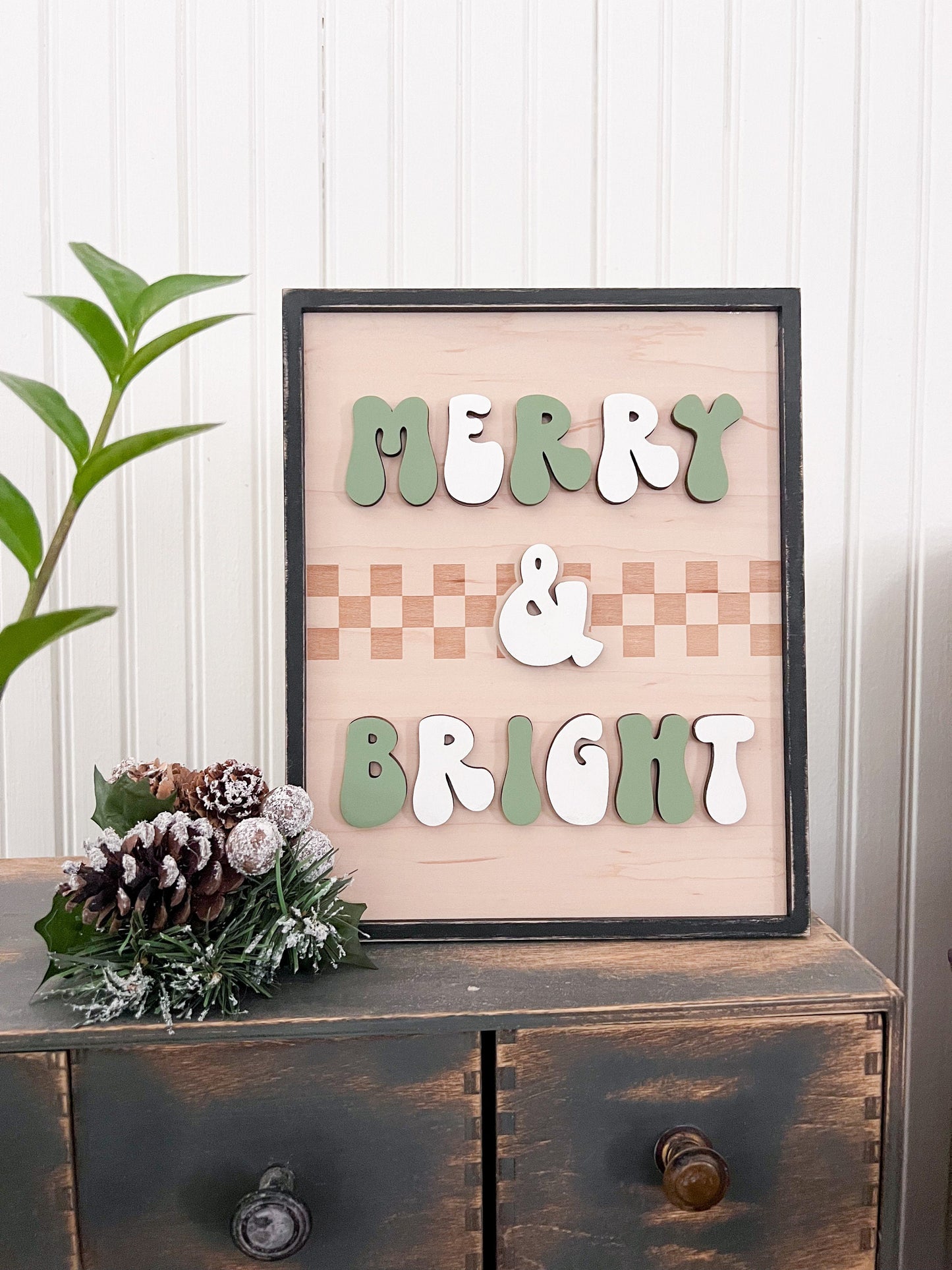 Merry & Bright Checkered Framed Sign | Boho Christmas Sign | 3D Sign | Laser Engraved | Boho Christmas Sign | Arch Sign