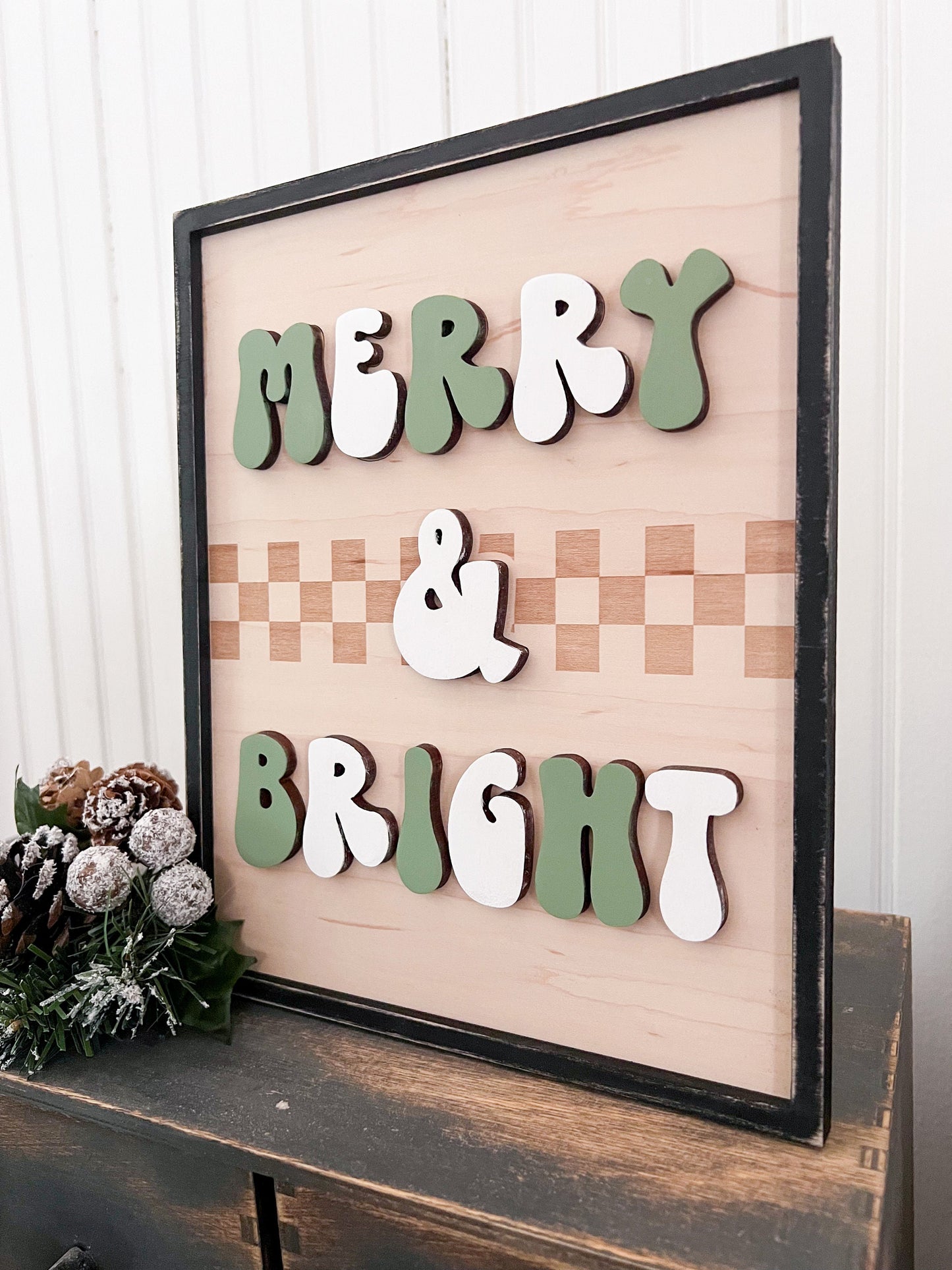 Merry & Bright Checkered Framed Sign | Boho Christmas Sign | 3D Sign | Laser Engraved | Boho Christmas Sign | Arch Sign