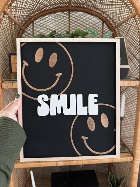Retro Smiley Face Smile Framed Sign | Laser Engraved | Boho Decor | Handmade | Framed Signs | Office Decor